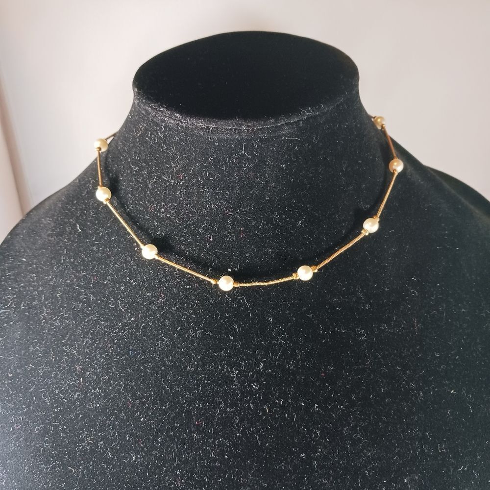 Monet Vintage Faux Pearl Gold Tone Choker Necklace